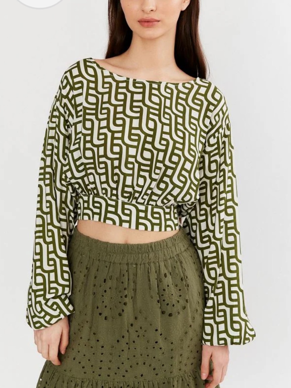 Deluc Olive & White Geometric Long-Sleeve Top